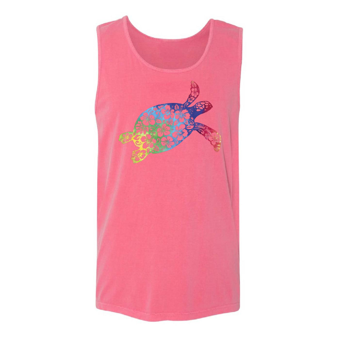 A pink sleeveless tank top featuring a colorful tropical turtle graphic on the front, displayed against a solid white background.