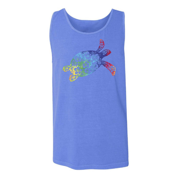 A sleeveless tank top in periwinkle blue, featuring a colorful watercolor-style sea turtle graphic on the chest with yellow, green, blue, and red details, displayed against a plain white background.