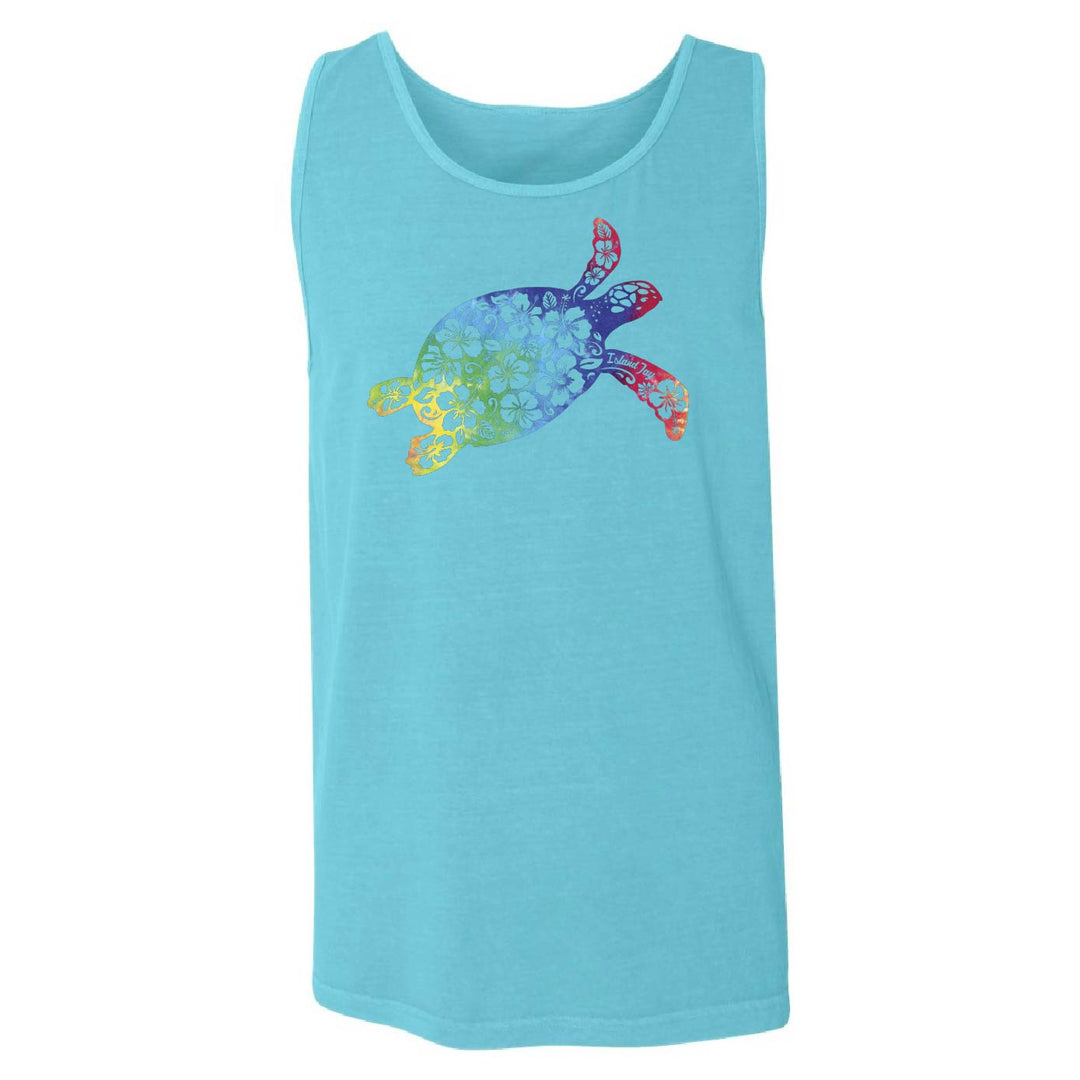 A light blue sleeveless tank top featuring a colorful tropical turtle graphic on the chest, displayed against a solid white background.