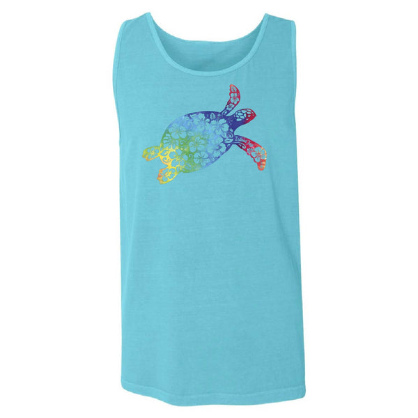 A light blue sleeveless tank top featuring a colorful tropical turtle graphic on the chest, displayed against a solid white background.