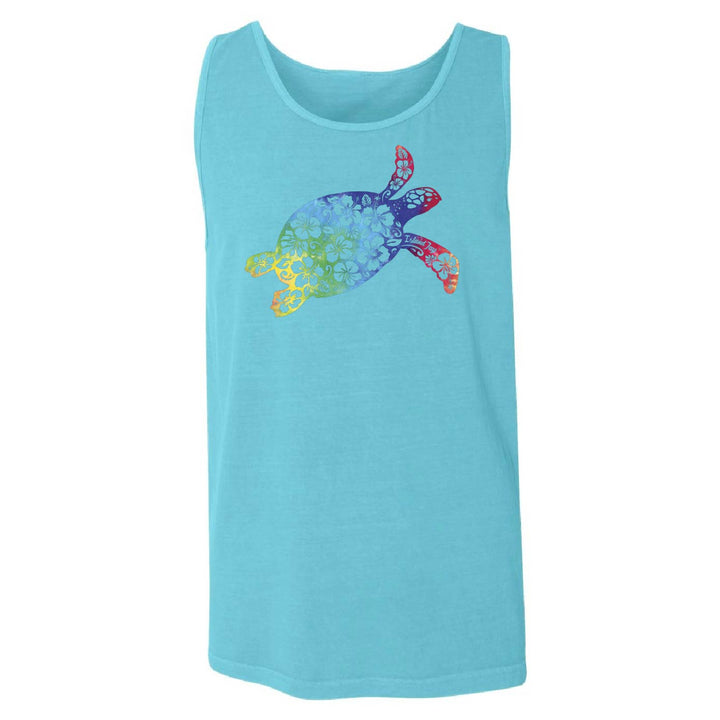 A light blue sleeveless tank top featuring a colorful tropical turtle graphic on the chest, displayed against a solid white background.