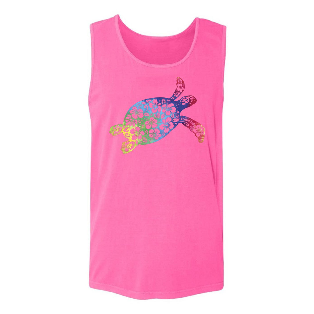 A bright pink sleeveless tank top featuring a colorful, patterned sea turtle graphic on the front, displayed against a solid white background.
