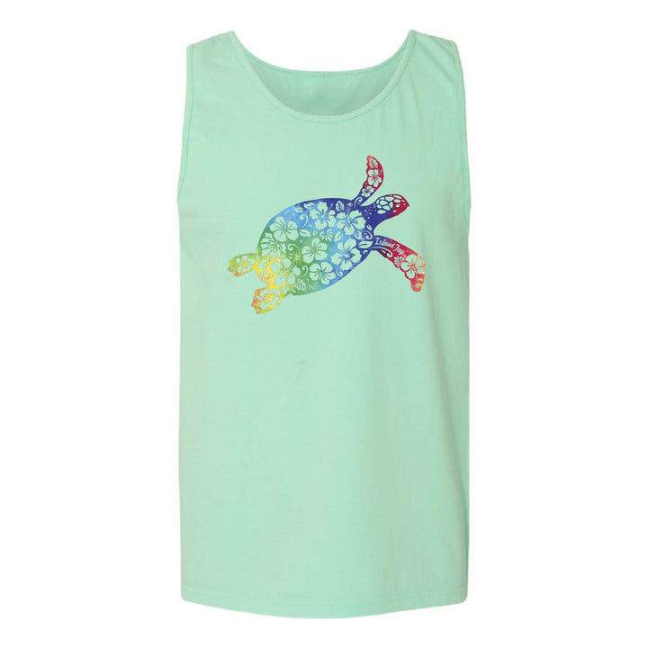 A mint green sleeveless tank top featuring a colorful, patterned sea turtle graphic on the chest, displayed against a solid white background.