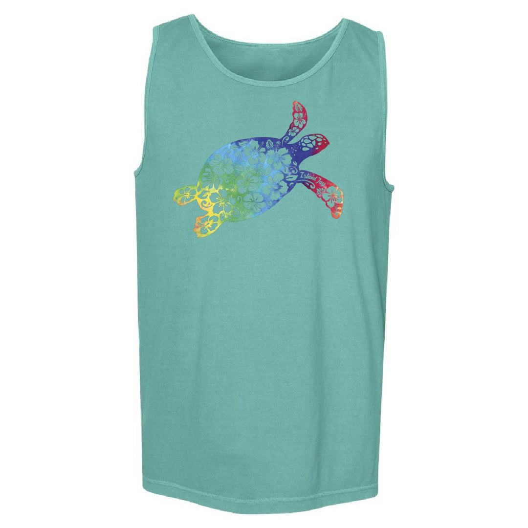 A sleeveless tank top in a heathered mint green color, featuring a colorful tropical turtle graphic on the chest with a yellow-to-red gradient pattern, shown against a plain white background.