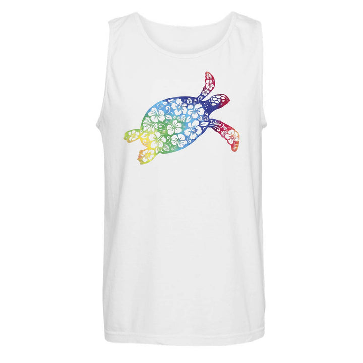A white sleeveless tank top featuring a colorful rainbow sea turtle graphic on the front, displayed against a solid white background.