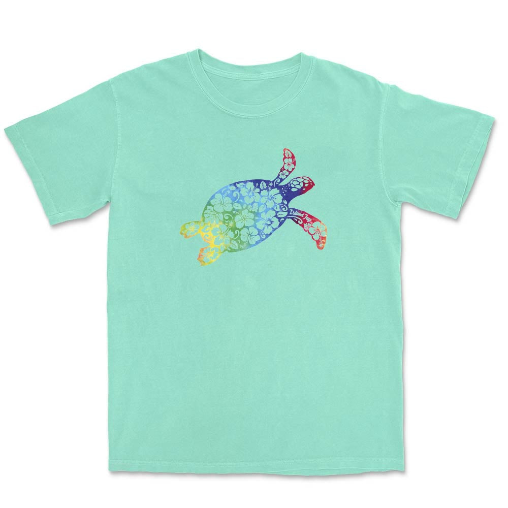 Mint green T-Shirt with rainbow turtle graphic.