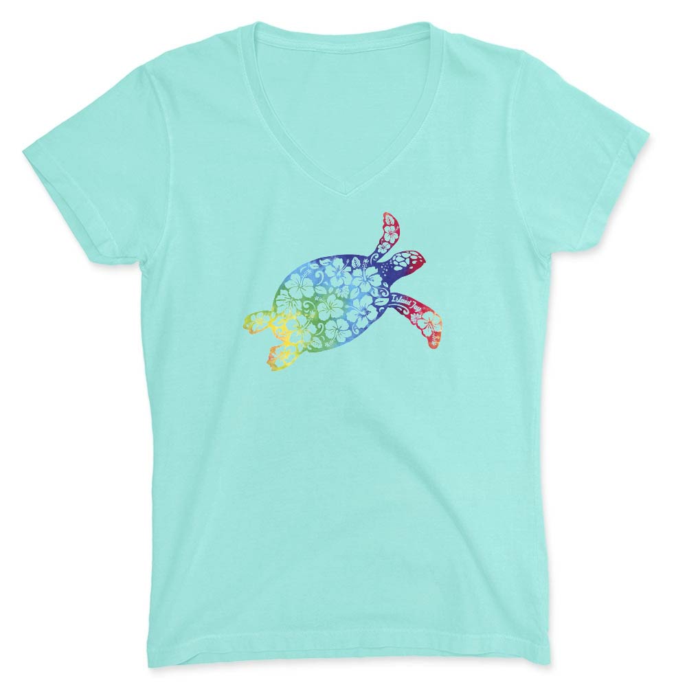 Mint green V-Neck T-Shirt with rainbow hibiscus turtle graphic.