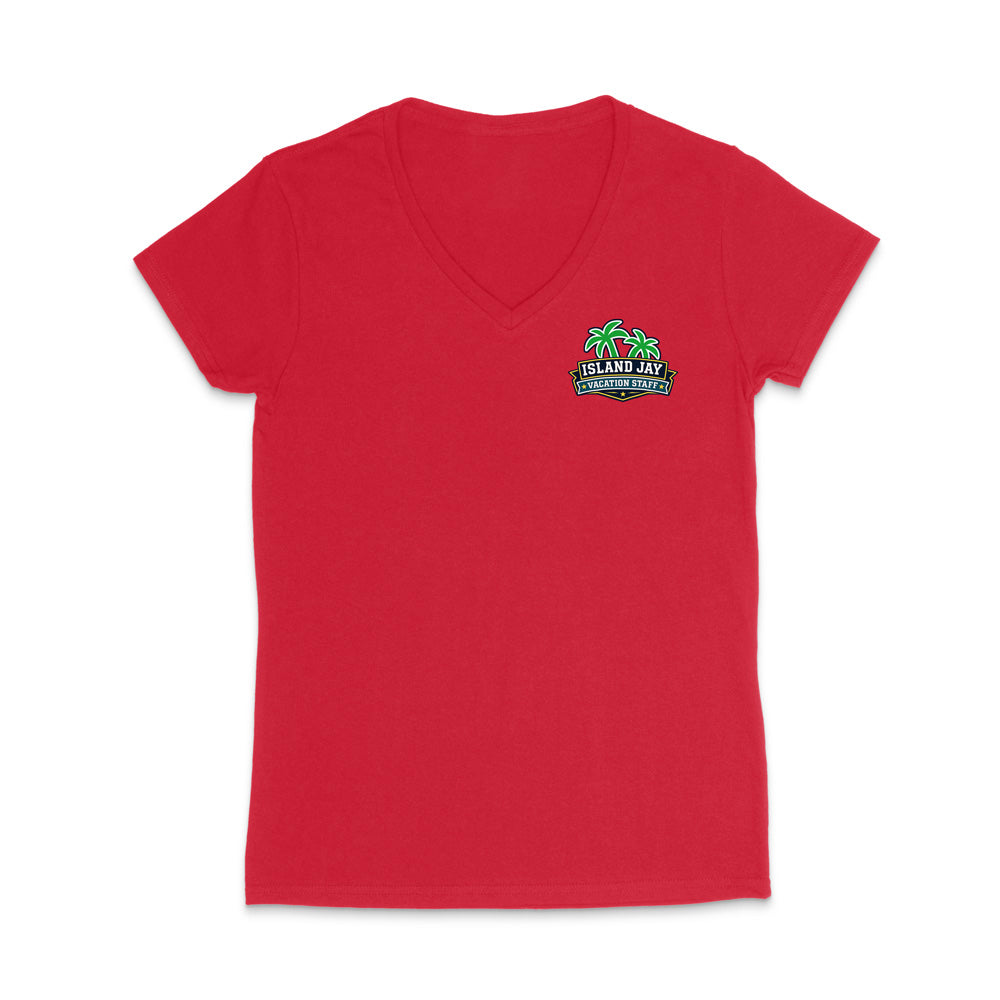 A red women's short-sleeve V-neck t-shirt with a small colorful graphic on the left chest featuring palm trees and the text 'Island Jay Vacation Staff'.