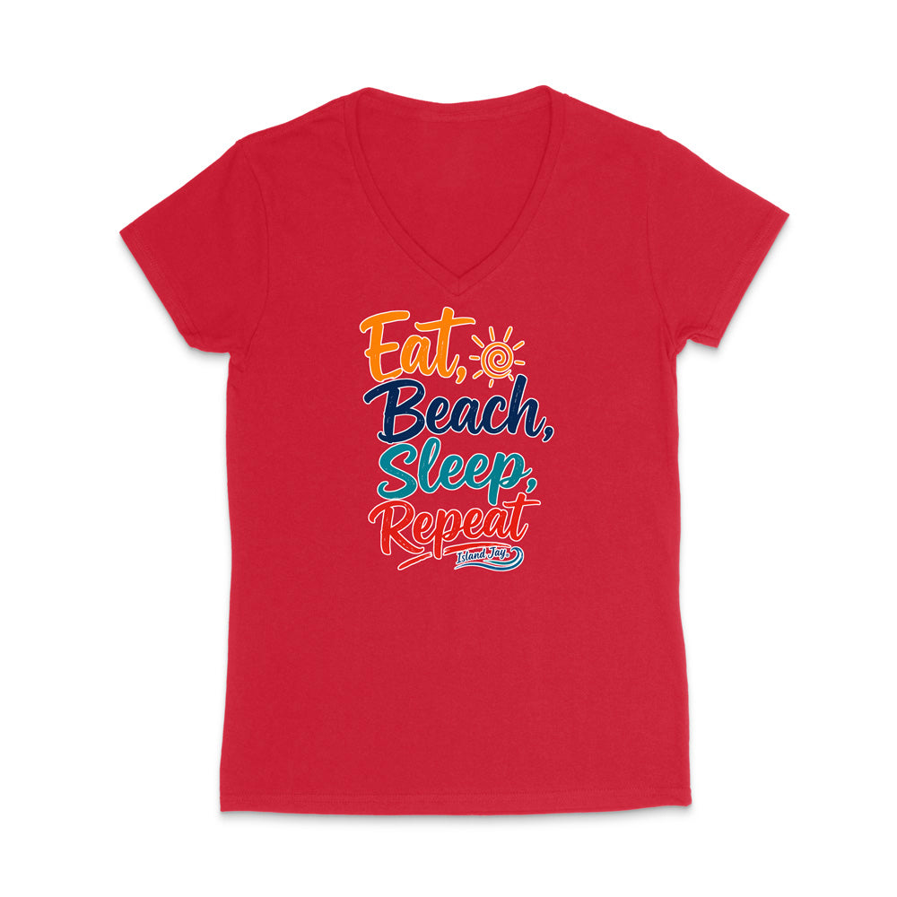 A red women's V-neck t-shirt with a colorful retro-style graphic text reading 'Eat, Beach, Sleep, Repeat' on the chest, displayed against a solid white background.