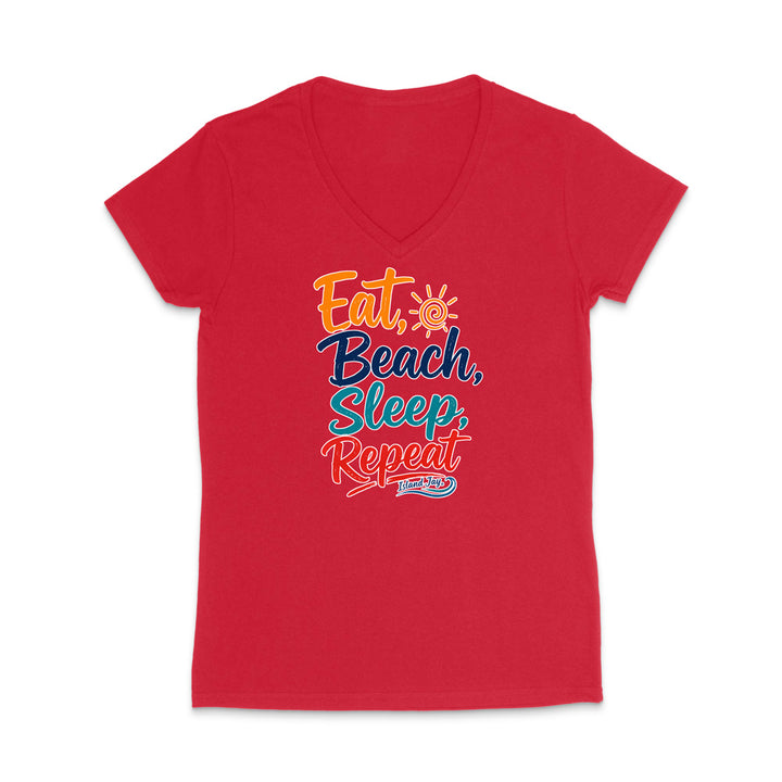 A red women's V-neck t-shirt with a colorful retro-style graphic text reading 'Eat, Beach, Sleep, Repeat' on the chest, displayed against a solid white background.