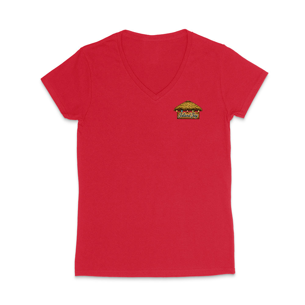 A red women's short-sleeve V-neck t-shirt with a small embroidered graphic on the left chest depicting a taco and the word 'Tacos'.