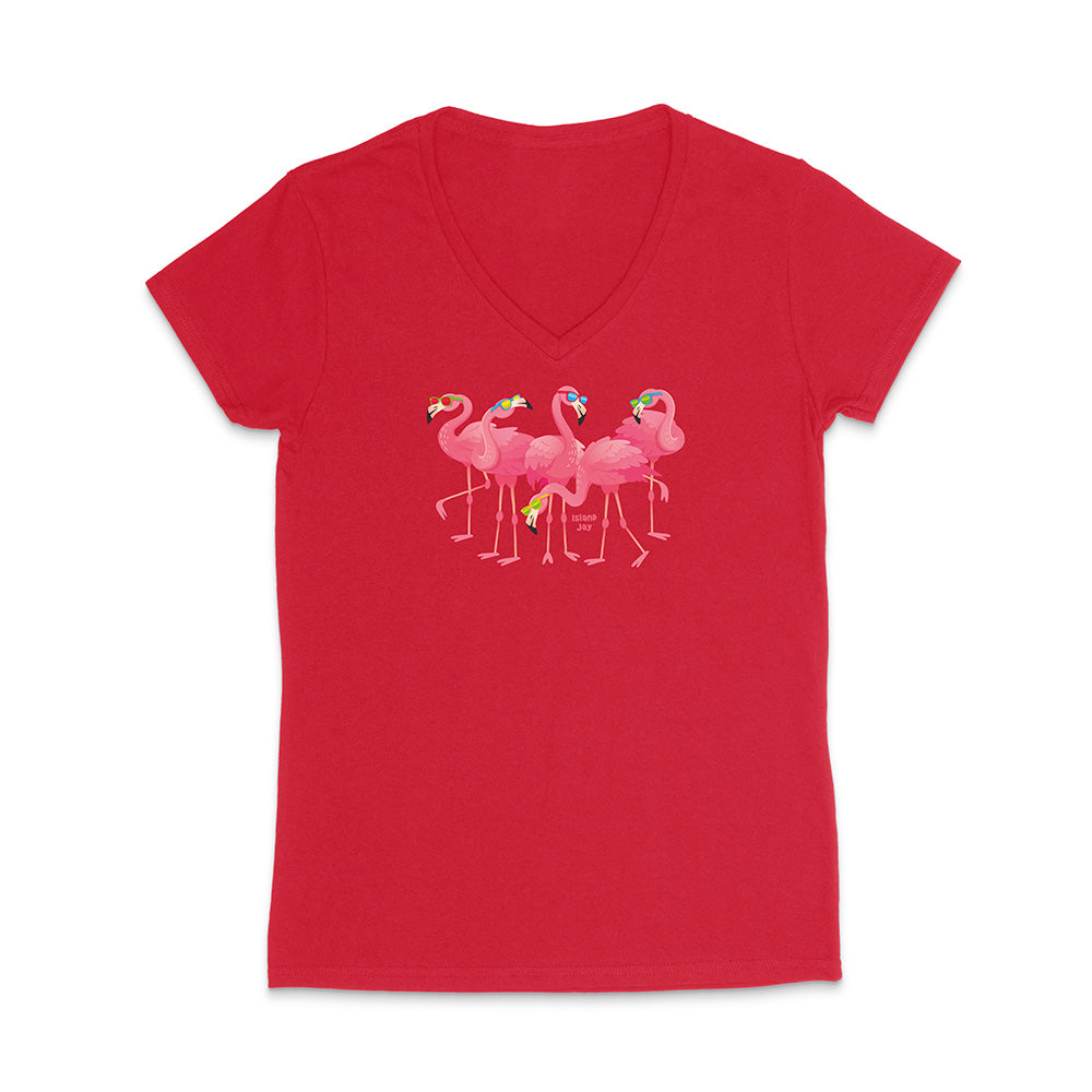 Red V-neck t-shirt with flamingo design on a white background