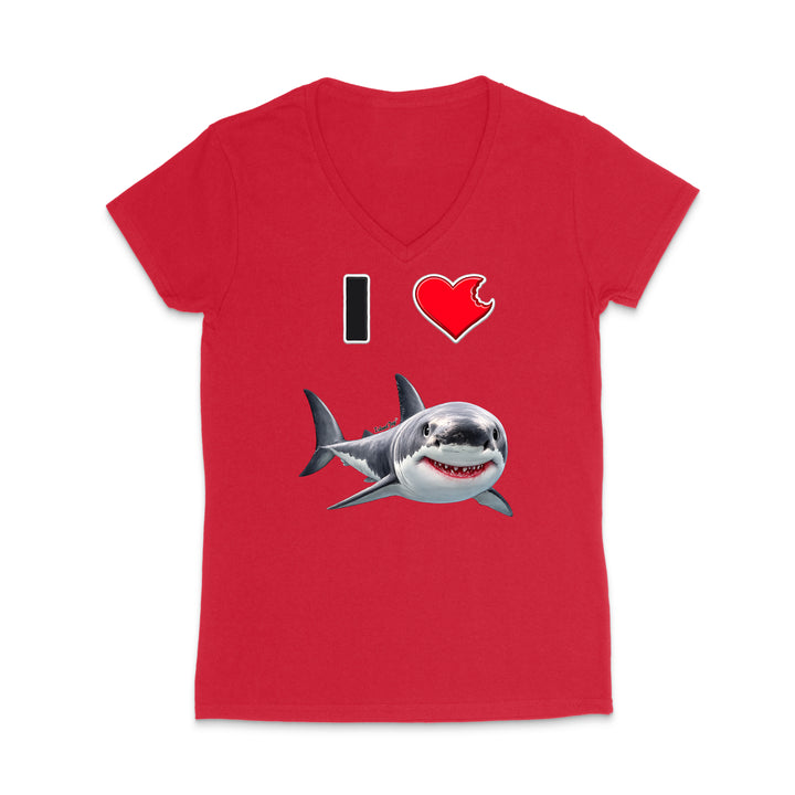 A red women's V-neck t-shirt featuring a graphic print of a shark and the text 'I' followed by a heart and a shark, displayed on a clean white background.