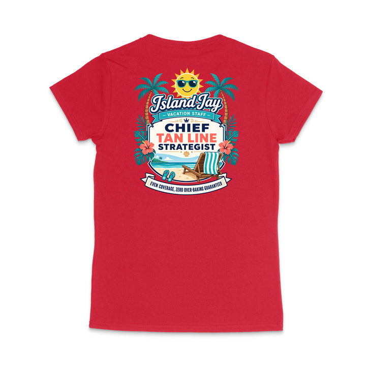 A red short-sleeve t-shirt shown from the back, featuring a colorful graphic print with palm trees, a smiling sun, and text that reads 'Island Jay' and 'Chief Tan Line Strategist'.