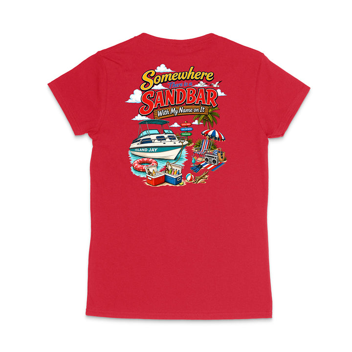 A red short-sleeve t-shirt shown from the back, featuring a colorful graphic print with the text 'Somewhere Sandbar' and a beach-themed illustration.