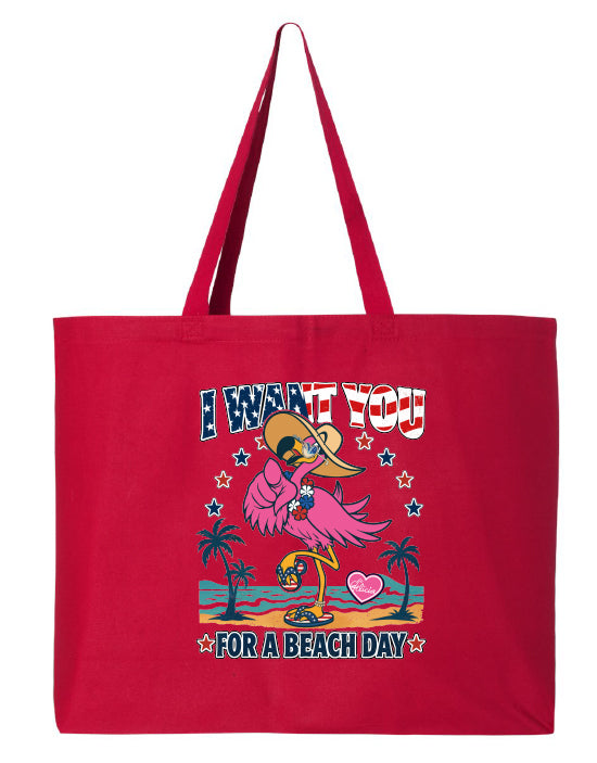 Red tote bag with a tropical design and text on a white background