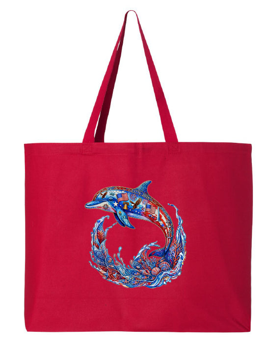 Red tote bag with a colorful dolphin design on a white background