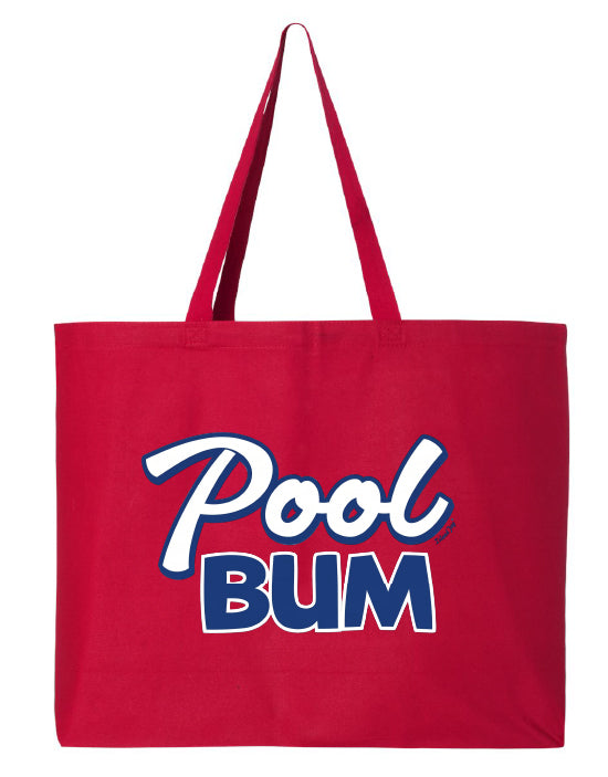 Red tote bag with 'Pool Bum' text on a white background