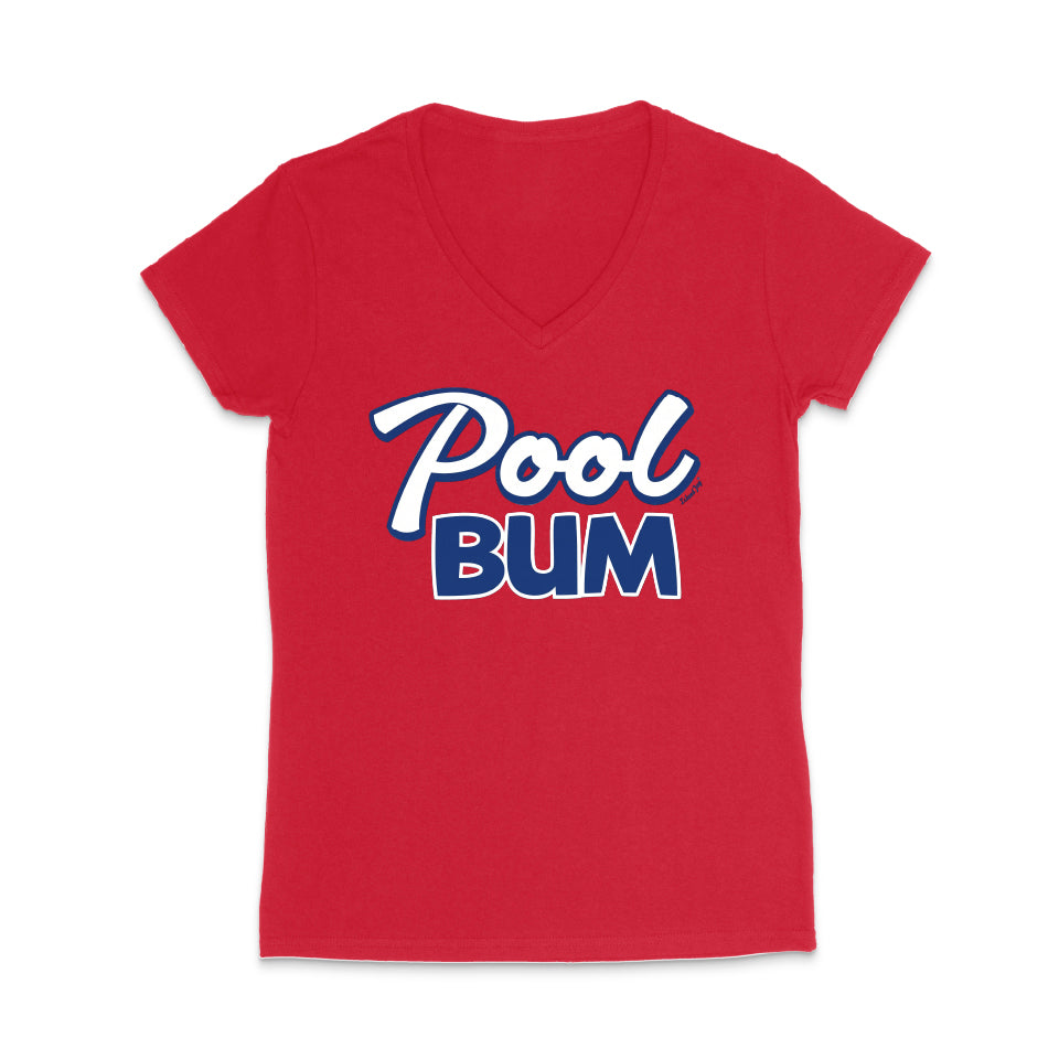 Red V-neck t-shirt with 'Pool Bum' text in white and blue on a white background
