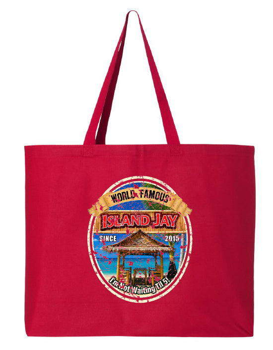 A red canvas tote bag with two shoulder straps, featuring a large circular graphic print on the front that reads 'World Famous Island Jay' with an illustration of a beach gazebo and blue tropical background.