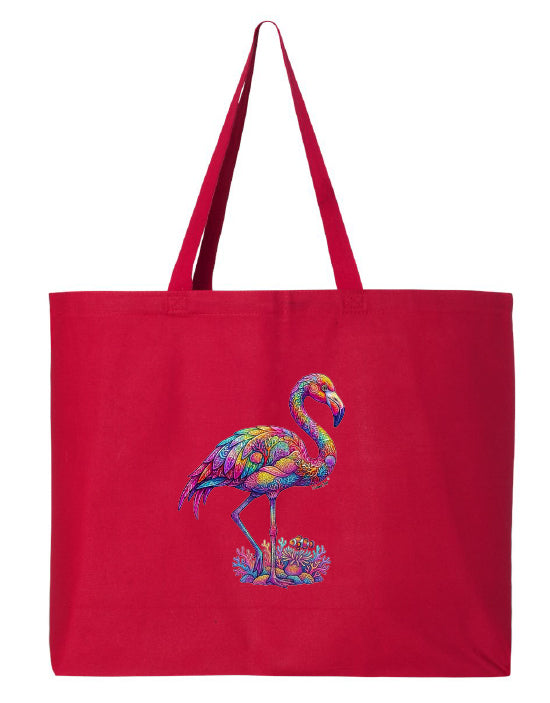 Red tote bag with a colorful flamingo design on a white background