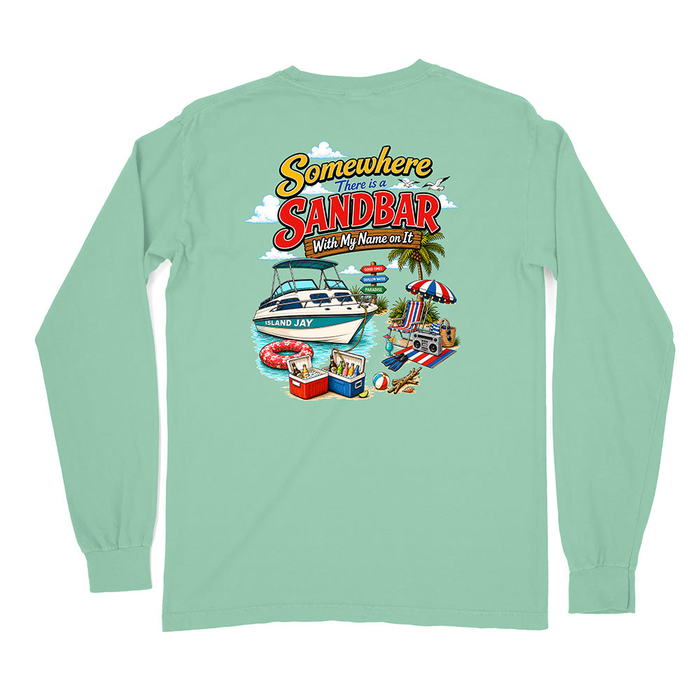 A mint green long-sleeve t-shirt shown from the back, featuring a colorful graphic print with the text 'Somewhere From the SANDBAR With My Name on It' and beach-themed illustrations including a boat, umbrella, and cooler.