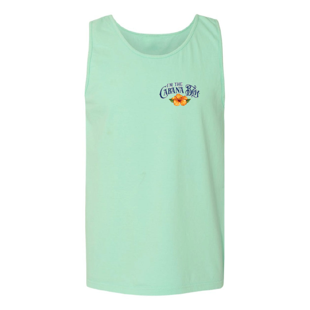 A mint green sleeveless tank top with a small graphic on the left chest reading 'I'm In The Caravana' in blue script with a small orange and yellow flower illustration underneath, shown against a plain white background.