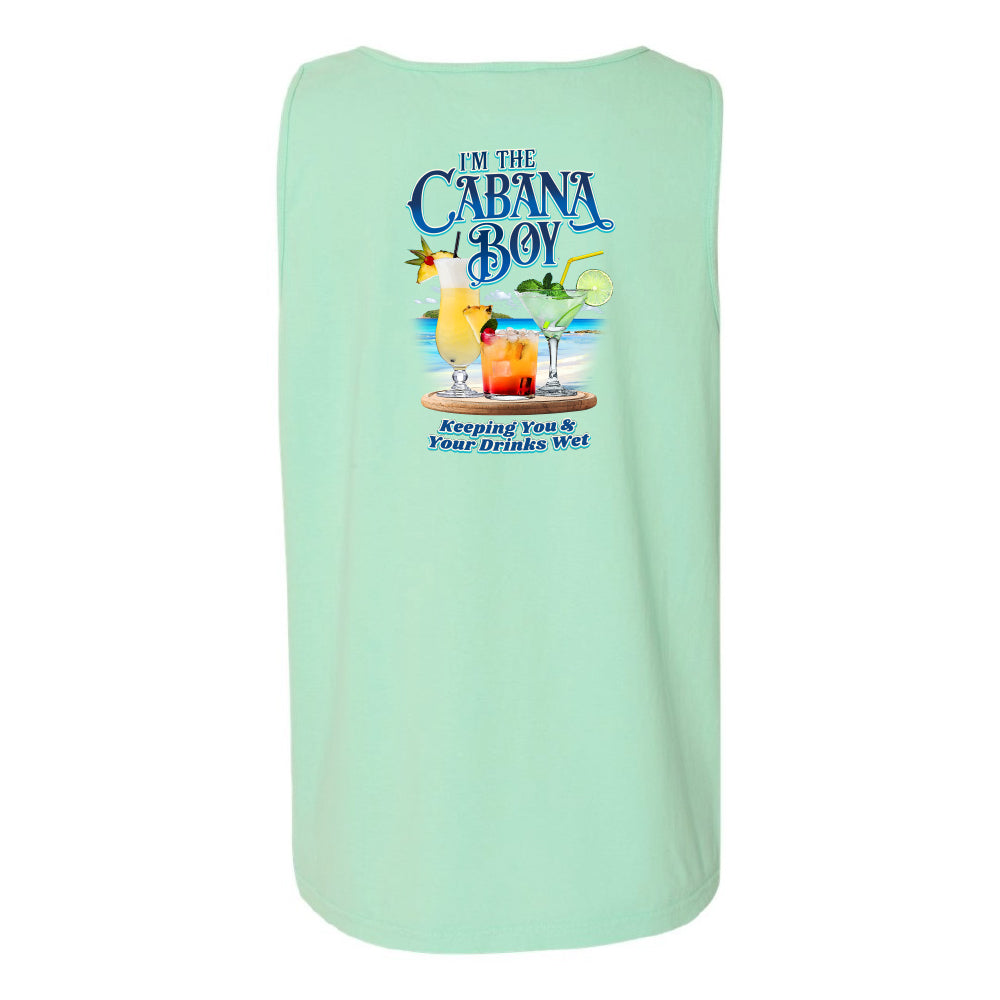 A mint green sleeveless tank top with a colorful graphic on the back featuring cocktails and the text 'I'M THE CABANA BOY' and 'Keeping You & Your Drinks Wet'.