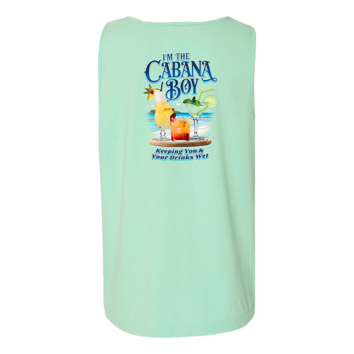 A mint green sleeveless tank top with a colorful graphic on the back featuring cocktails and the text 'I'M THE CABANA BOY' and 'Keeping You & Your Drinks Wet'.