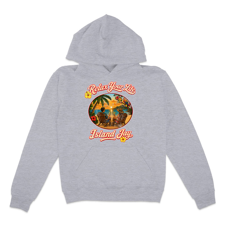 Gray hoodie with tropical graphic and text on a white background