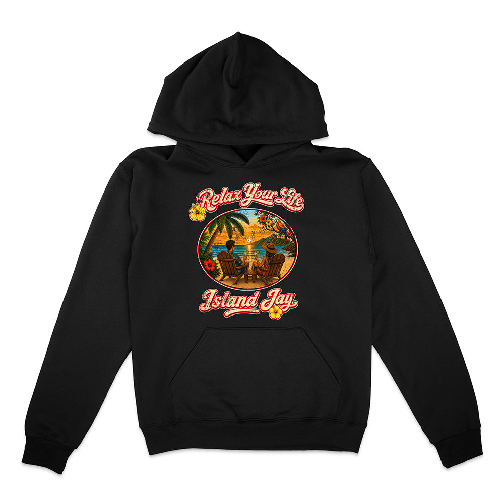 Black hoodie with 'Relax Your Life, Island Jay' graphic on a white background