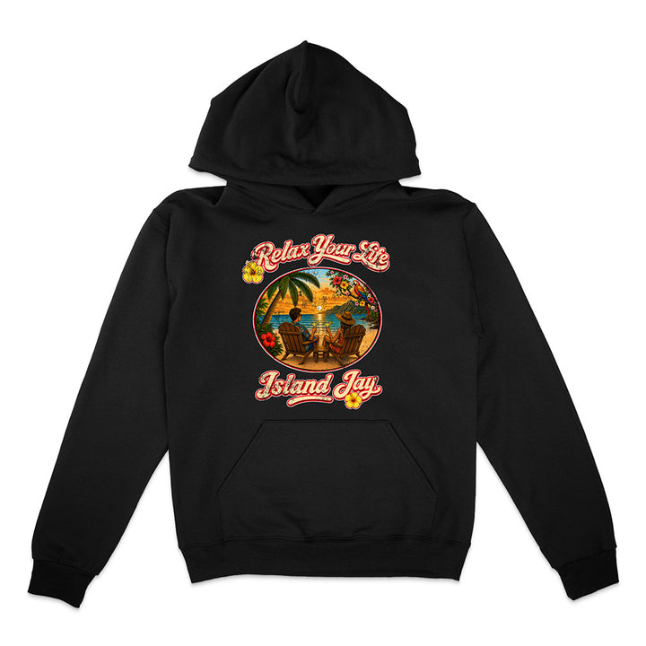 Black hoodie with 'Relax Your Life, Island Jay' graphic on a white background