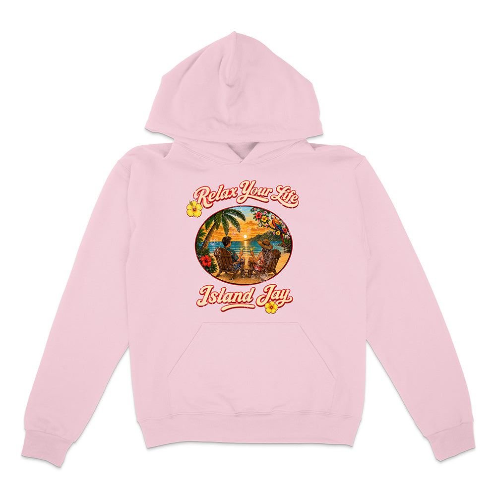 Pink hoodie with tropical graphic and text on a white background