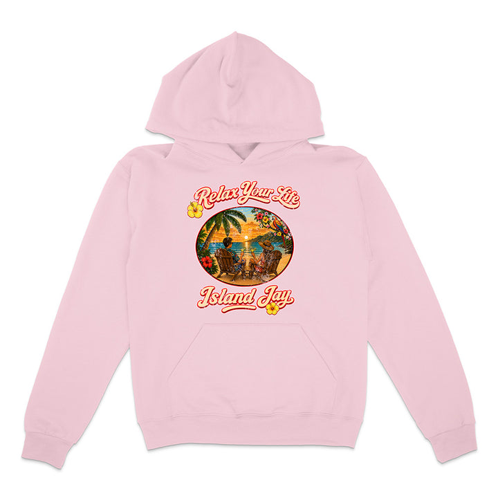 Pink hoodie with tropical graphic and text on a white background