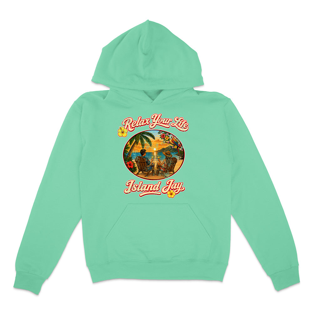 Mint green hoodie with 'Relax Your Life, Island Jay' graphic on a white background