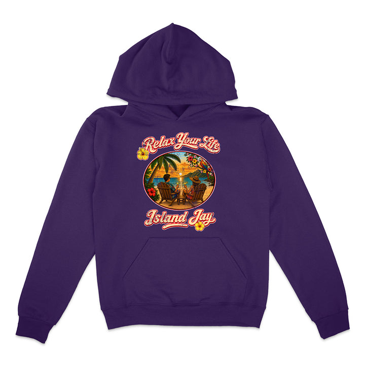Purple hoodie with 'Relax Your Life, Island Jay' graphic on a white background