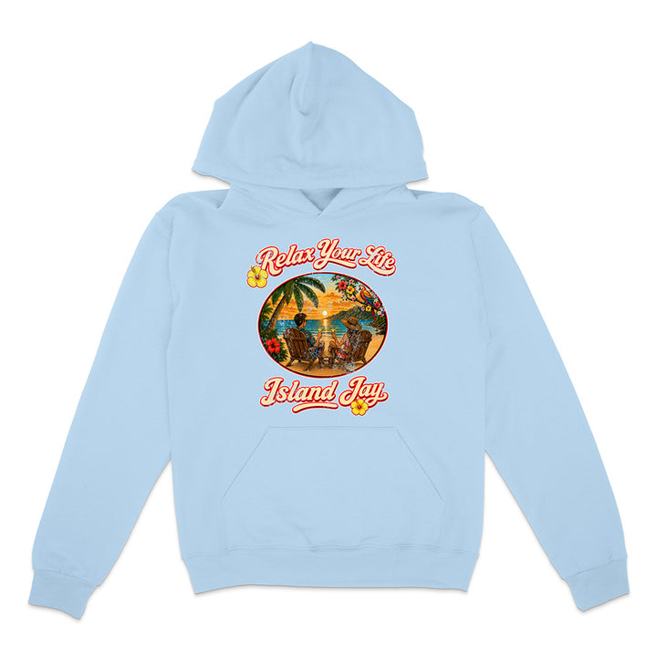 Light blue hoodie with tropical graphic and text on a white background