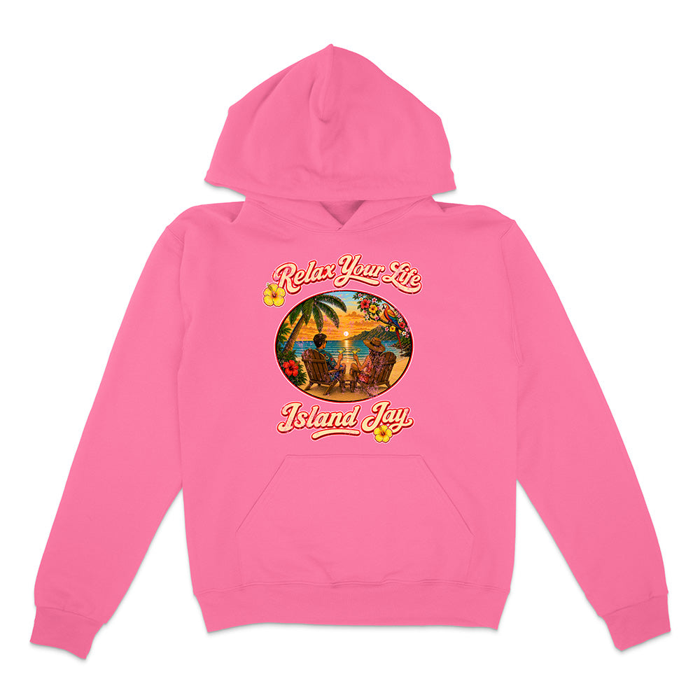 Pink hoodie with 'Relax Your Life Island Jay' graphic on a white background