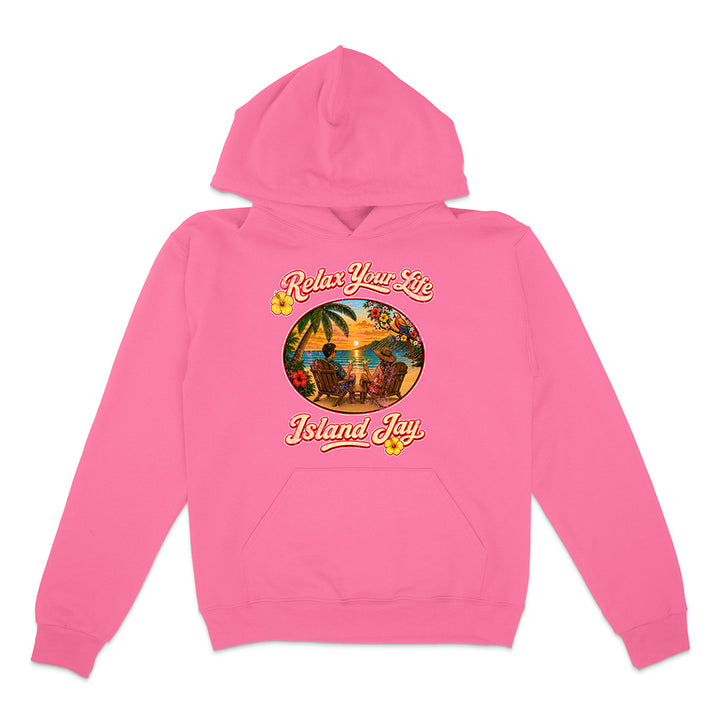 Pink hoodie with 'Relax Your Life Island Jay' graphic on a white background