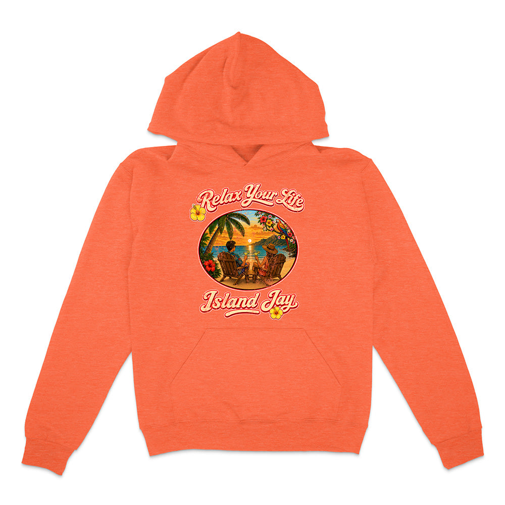 Orange hoodie with 'Relax Your Life' and 'Island Jay' design on a white background