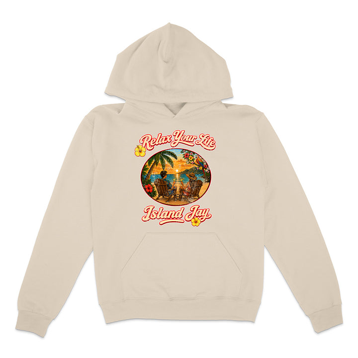 Beige hoodie with tropical graphic and text on a white background