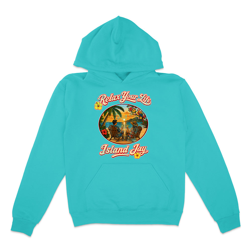 Turquoise hoodie with 'Relax Your Life, Island Jay' graphic on a white background