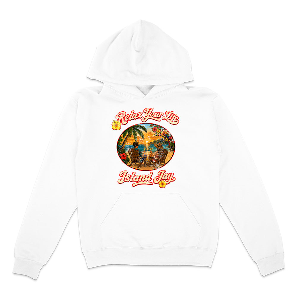 White hoodie with 'Relax Your Life, Island Jay' graphic on a white background