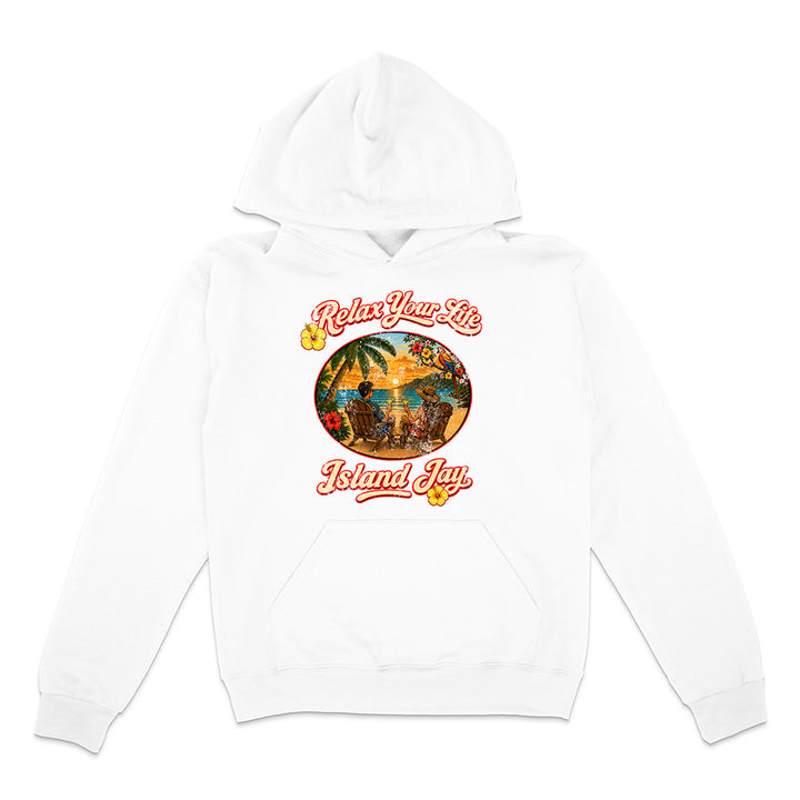 White hoodie with 'Relax Your Life, Island Jay' graphic on a white background