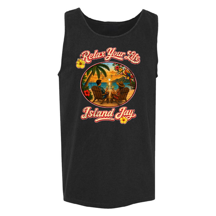 Black tank top with 'Relax Your Life Island Jay' graphic design on a white background