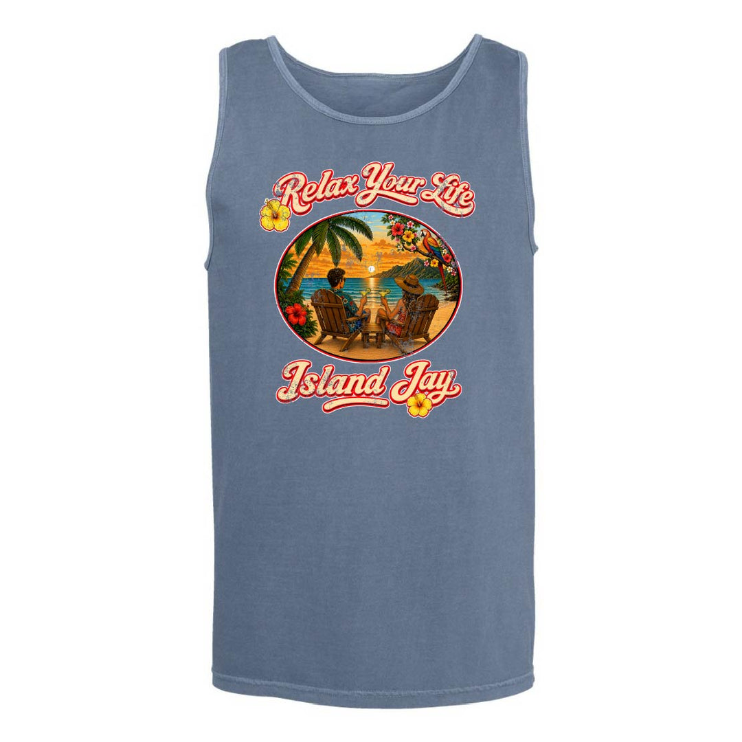 Blue tank top with a tropical graphic and 'Island Jay' text on a white background