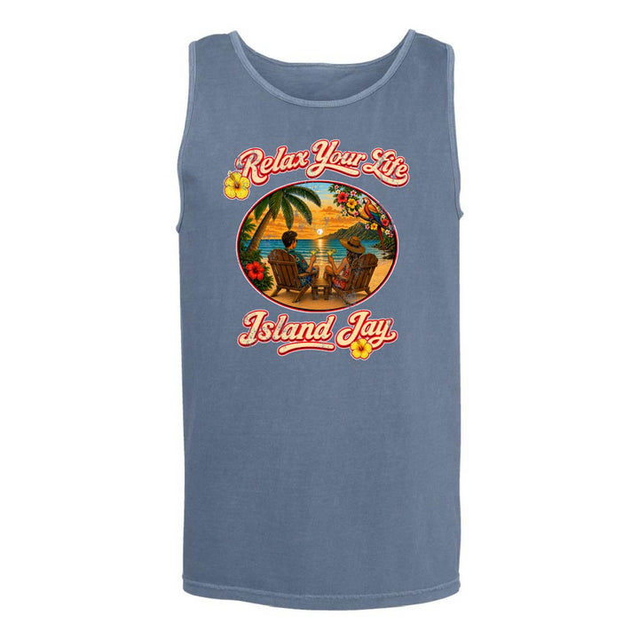 Blue tank top with a tropical graphic and 'Island Jay' text on a white background