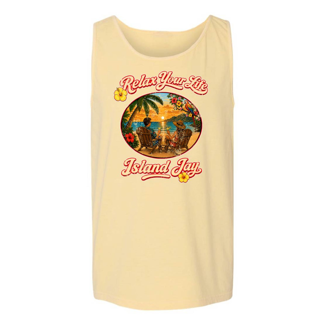 Beige tank top with 'Relax Your Life' and 'Island Jay' graphic design on a white background