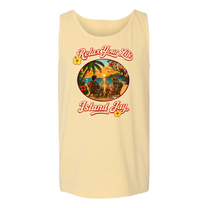 Beige tank top with 'Relax Your Life' and 'Island Jay' graphic design on a white background