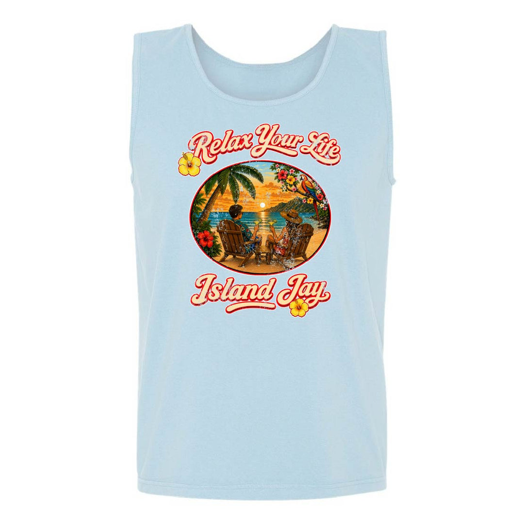 Light blue tank top with tropical graphic and 'Relax Your Life Island Jay' text on a white background
